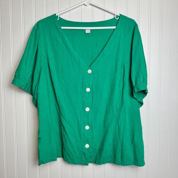Old Navy green linen blend short sleeve button down V-neck size XL I19 - Picture 2 of 6